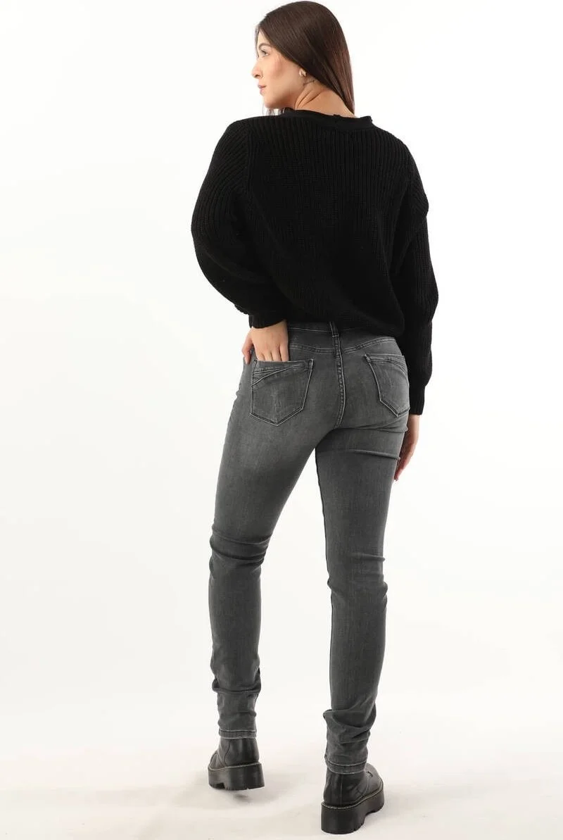 Banny Jeans Women Mid Waist Straight Slim Fit Jeans Dark Gray