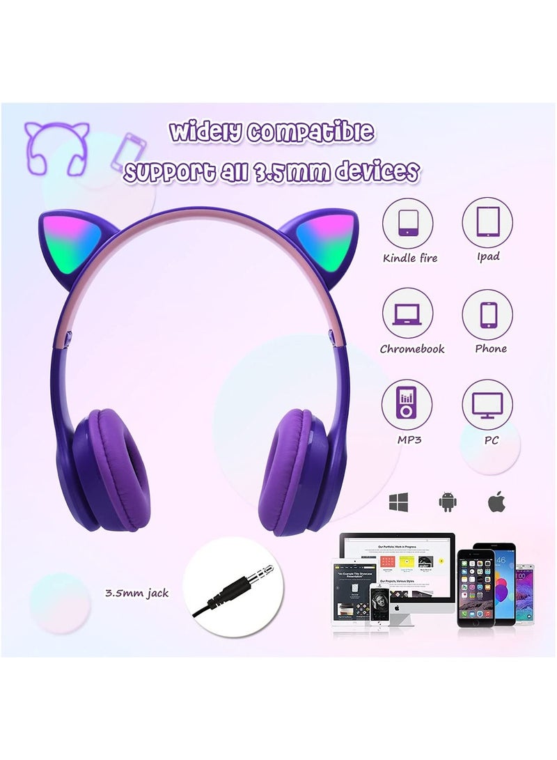 P47 Wireless Gaming Headset, Bluetooth 5.0 Cat Ear Headphones, Kids Headphones,LED Light Up Bluetooth Over Ear Headphones for Kids and Adults Wearing(Purple))  - Image 2