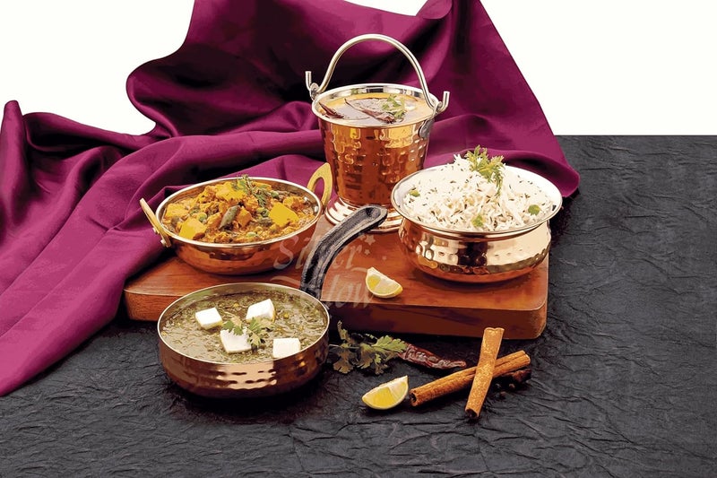 Silver Glow طقم تقديم فضي لامع من الفولاذ المقاوم للصدأ مع طلاء نحاسي يتضمن 1 دلو 1 هاندي 1 كاداي 1 مقلاة طقم أدوات المائدة طقم من 4 نقاط بولكا - Image 2