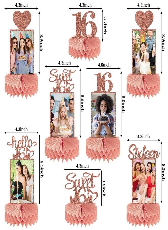 Guiruiy 8Pcs Happy 16th Birthday Decorations Honeycomb Centerpieces for Girls, Pink Rose Gold Glitter Sweet 16 Birthday Photo Table Centerpieces Party Supplies, Pink Sixteen Bday Photo Table Topper - Image 2