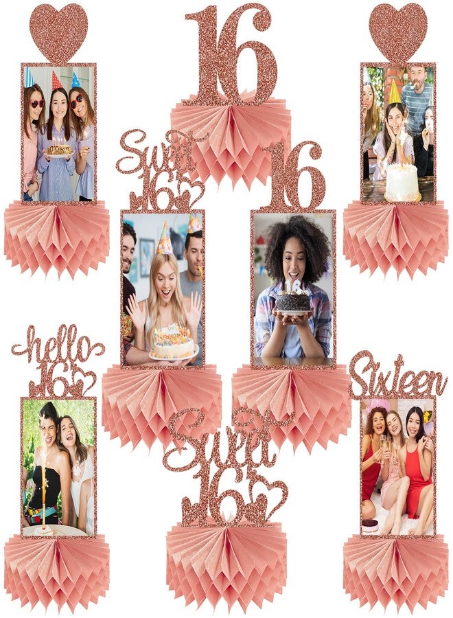 Guiruiy 8Pcs Happy 16th Birthday Decorations Honeycomb Centerpieces for Girls, Pink Rose Gold Glitter Sweet 16 Birthday Photo Table Centerpieces Party Supplies, Pink Sixteen Bday Photo Table Topper - Image 1