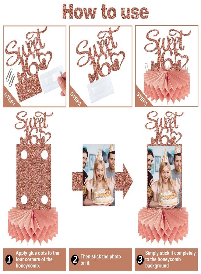 Guiruiy 8Pcs Happy 16th Birthday Decorations Honeycomb Centerpieces for Girls, Pink Rose Gold Glitter Sweet 16 Birthday Photo Table Centerpieces Party Supplies, Pink Sixteen Bday Photo Table Topper - Image 5