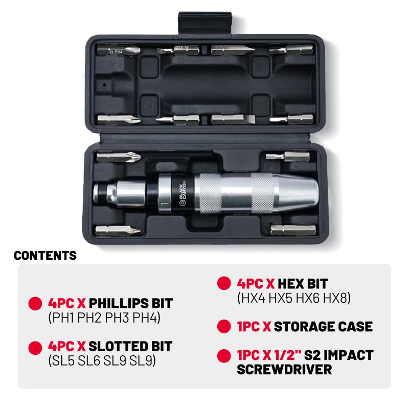 BLACK CANYON 1/2" S2 Hand Impact Screwdriver, 12-Pieces Tip Styles Slotted, Phillips, Hex, Manual Reversible Impact Driver, Disengage Rusted Fasteners or Frozen Bolts, Ideal Hand Tool for Men, Dad - Image 2