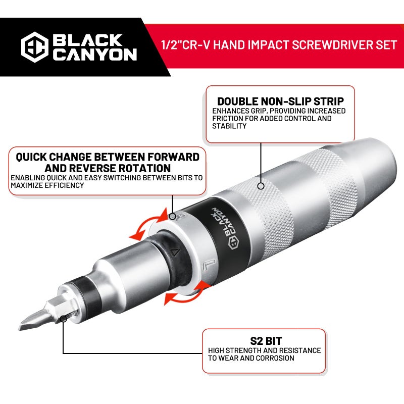 BLACK CANYON 1/2" S2 Hand Impact Screwdriver, 12-Pieces Tip Styles Slotted, Phillips, Hex, Manual Reversible Impact Driver, Disengage Rusted Fasteners or Frozen Bolts, Ideal Hand Tool for Men, Dad - Image 3