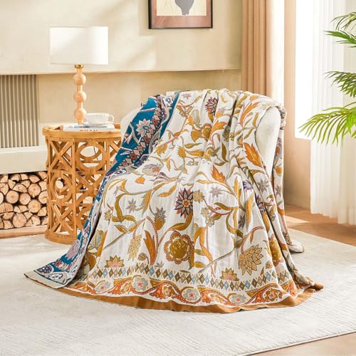 XIBLC Fall Throw Blanket for Couch, Brown Boho Decorative Throw Blanket, 100% Cotton Muslin Breathable Woven Farmhouse Blankets Quilt, 90"x98" Reversible Lightweight Blankets Bohemian Throw Quilt - Image 2