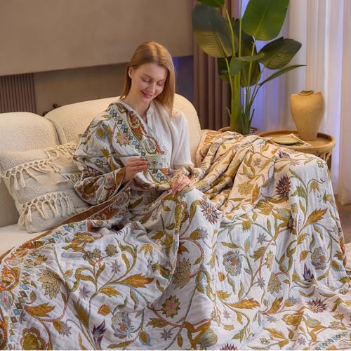 XIBLC Fall Throw Blanket for Couch, Brown Boho Decorative Throw Blanket, 100% Cotton Muslin Breathable Woven Farmhouse Blankets Quilt, 90"x98" Reversible Lightweight Blankets Bohemian Throw Quilt - Image 5