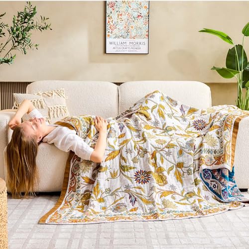 XIBLC Fall Throw Blanket for Couch, Brown Boho Decorative Throw Blanket, 100% Cotton Muslin Breathable Woven Farmhouse Blankets Quilt, 90"x98" Reversible Lightweight Blankets Bohemian Throw Quilt - Image 4