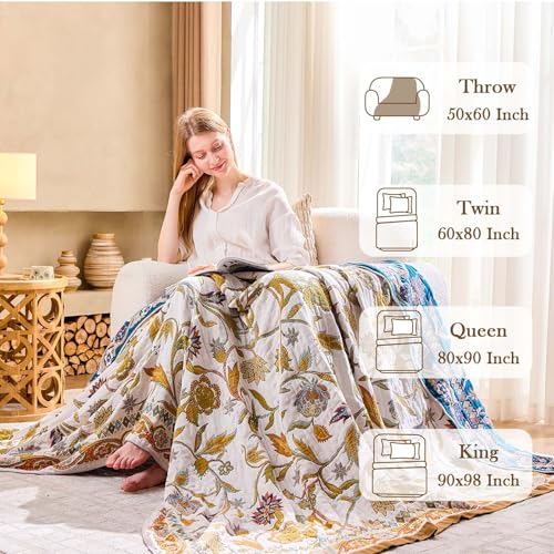 XIBLC Fall Throw Blanket for Couch, Brown Boho Decorative Throw Blanket, 100% Cotton Muslin Breathable Woven Farmhouse Blankets Quilt, 90"x98" Reversible Lightweight Blankets Bohemian Throw Quilt - Image 3