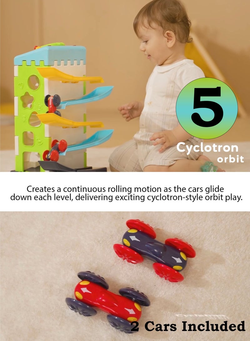 Oobidoo 5-in-1 Kids Musical Educational Activity Tower Toy with Car Track Ramp, Shape Sorter Blocks, Rotating Steering Wheel with Sound and Light, Monkey Explore Wall, Interactive Learning House for Toddlers, Motor Skill Development, Hand Eye Coordination Toy with 2 Cars, Baby Learning Toy 3+ - Image 3