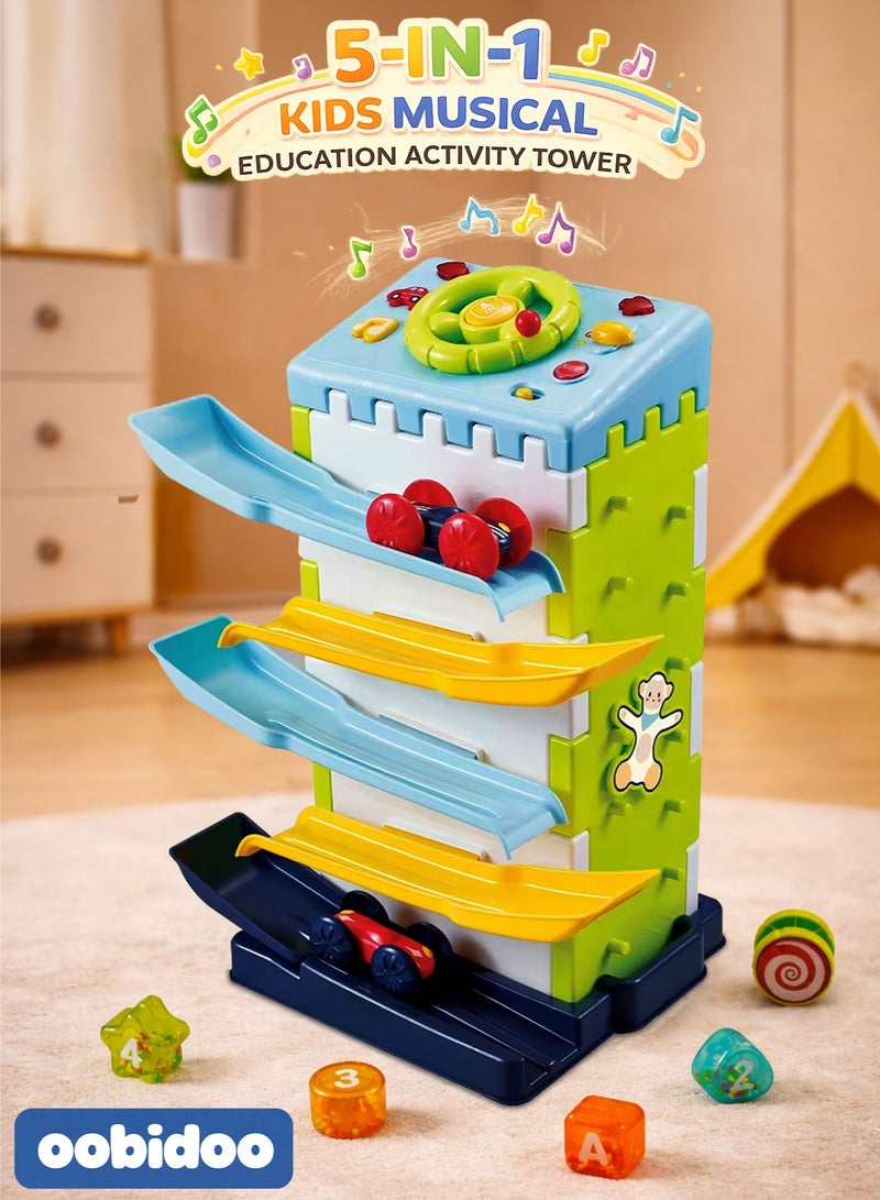 Oobidoo 5-in-1 Kids Musical Educational Activity Tower Toy with Car Track Ramp, Shape Sorter Blocks, Rotating Steering Wheel with Sound and Light, Monkey Explore Wall, Interactive Learning House for Toddlers, Motor Skill Development, Hand Eye Coordination Toy with 2 Cars, Baby Learning Toy 3+ - Image 1