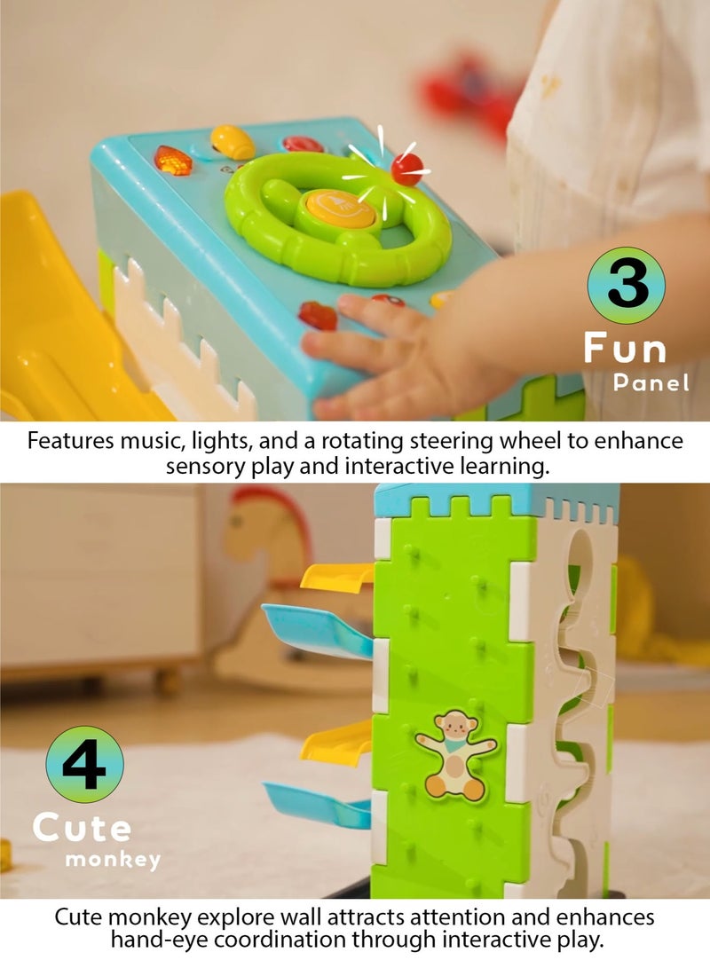 Oobidoo 5-in-1 Kids Musical Educational Activity Tower Toy with Car Track Ramp, Shape Sorter Blocks, Rotating Steering Wheel with Sound and Light, Monkey Explore Wall, Interactive Learning House for Toddlers, Motor Skill Development, Hand Eye Coordination Toy with 2 Cars, Baby Learning Toy 3+ - Image 2