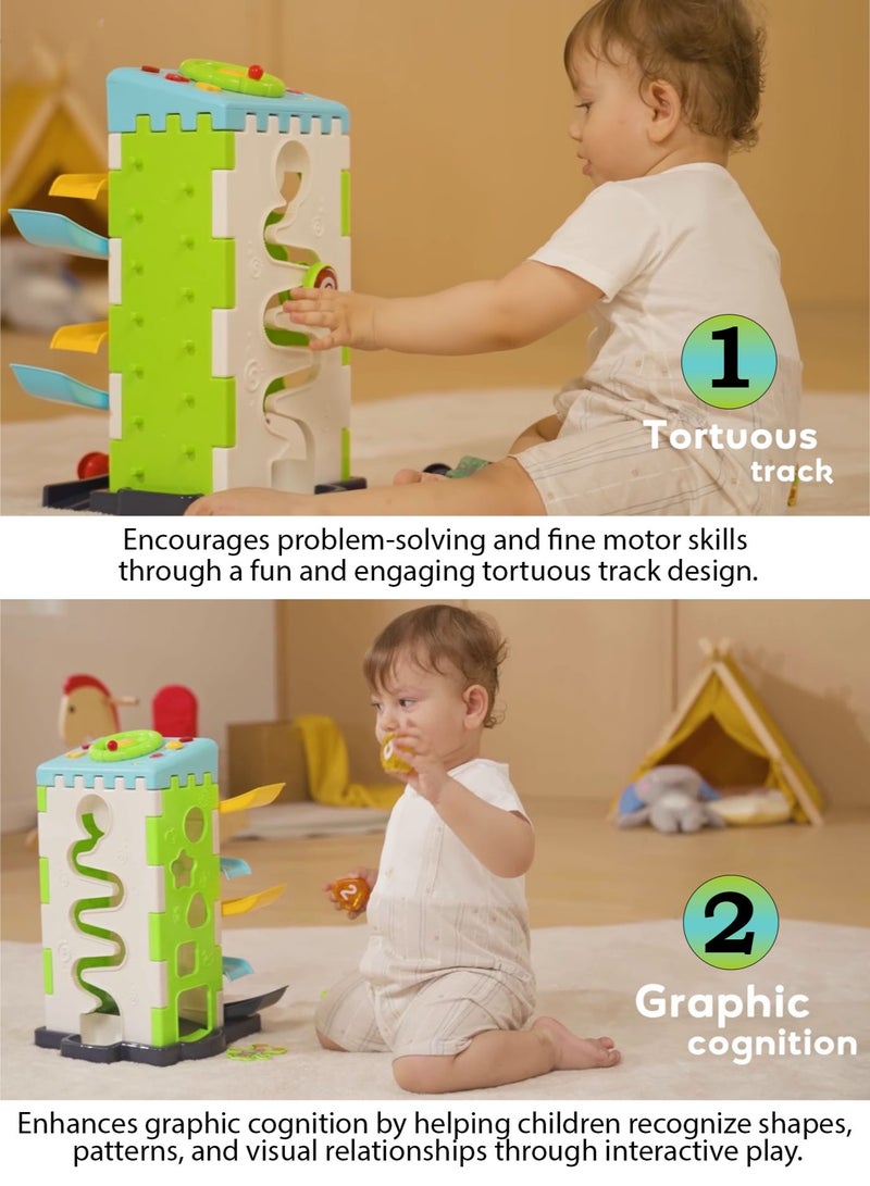 Oobidoo 5-in-1 Kids Musical Educational Activity Tower Toy with Car Track Ramp, Shape Sorter Blocks, Rotating Steering Wheel with Sound and Light, Monkey Explore Wall, Interactive Learning House for Toddlers, Motor Skill Development, Hand Eye Coordination Toy with 2 Cars, Baby Learning Toy 3+ - Image 5