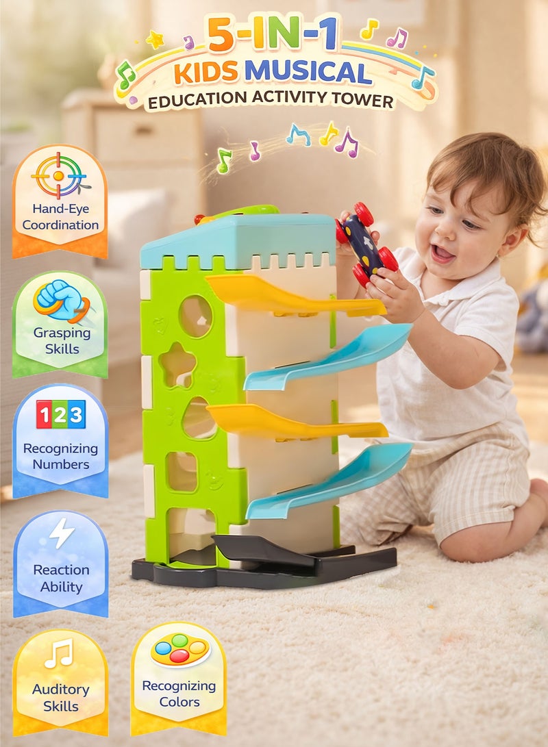 Oobidoo 5-in-1 Kids Musical Educational Activity Tower Toy with Car Track Ramp, Shape Sorter Blocks, Rotating Steering Wheel with Sound and Light, Monkey Explore Wall, Interactive Learning House for Toddlers, Motor Skill Development, Hand Eye Coordination Toy with 2 Cars, Baby Learning Toy 3+ - Image 4