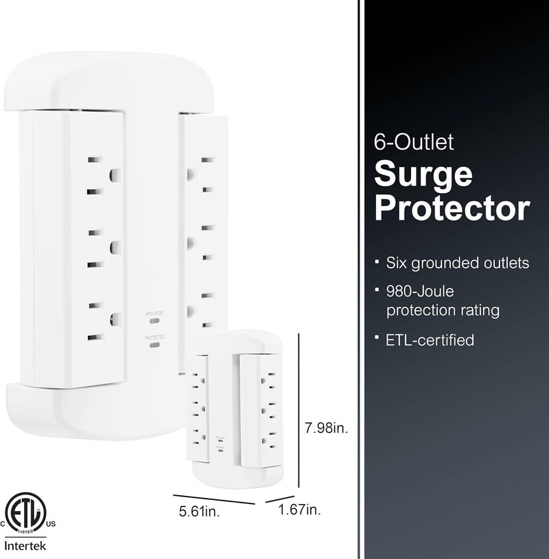 GE 6-Outlet Extender, Surge Protector, Swivel Side Access, Wall Tap Adapter, 3-Prong, 980 Joules, ETL Listed, White, 81781 - Image 3