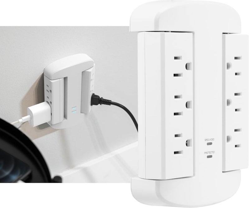 GE 6-Outlet Extender, Surge Protector, Swivel Side Access, Wall Tap Adapter, 3-Prong, 980 Joules, ETL Listed, White, 81781 - Image 2
