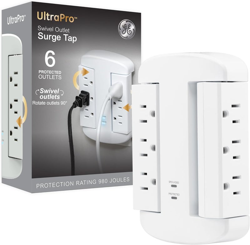 GE 6-Outlet Extender, Surge Protector, Swivel Side Access, Wall Tap Adapter, 3-Prong, 980 Joules, ETL Listed, White, 81781 - Image 1
