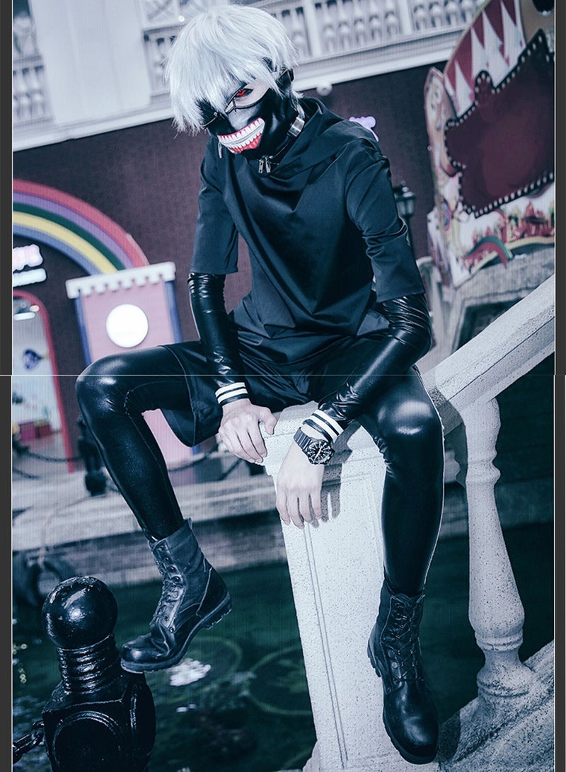4-Piece Ken Kaneki Cosplay Costume Set - Tokyo Ghoul Black Training Suit, Hooded Top, Shorts, PU Leather Arm & Leg Sleeves with White Stripes, Anime Role Play Outfit for Conventions & Dark Streetwear - Image 1