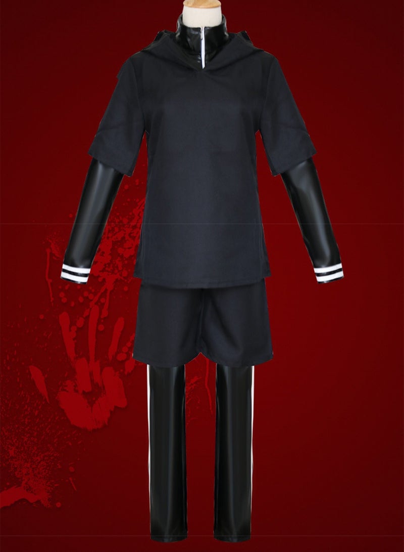 4-Piece Ken Kaneki Cosplay Costume Set - Tokyo Ghoul Black Training Suit, Hooded Top, Shorts, PU Leather Arm & Leg Sleeves with White Stripes, Anime Role Play Outfit for Conventions & Dark Streetwear - Image 4