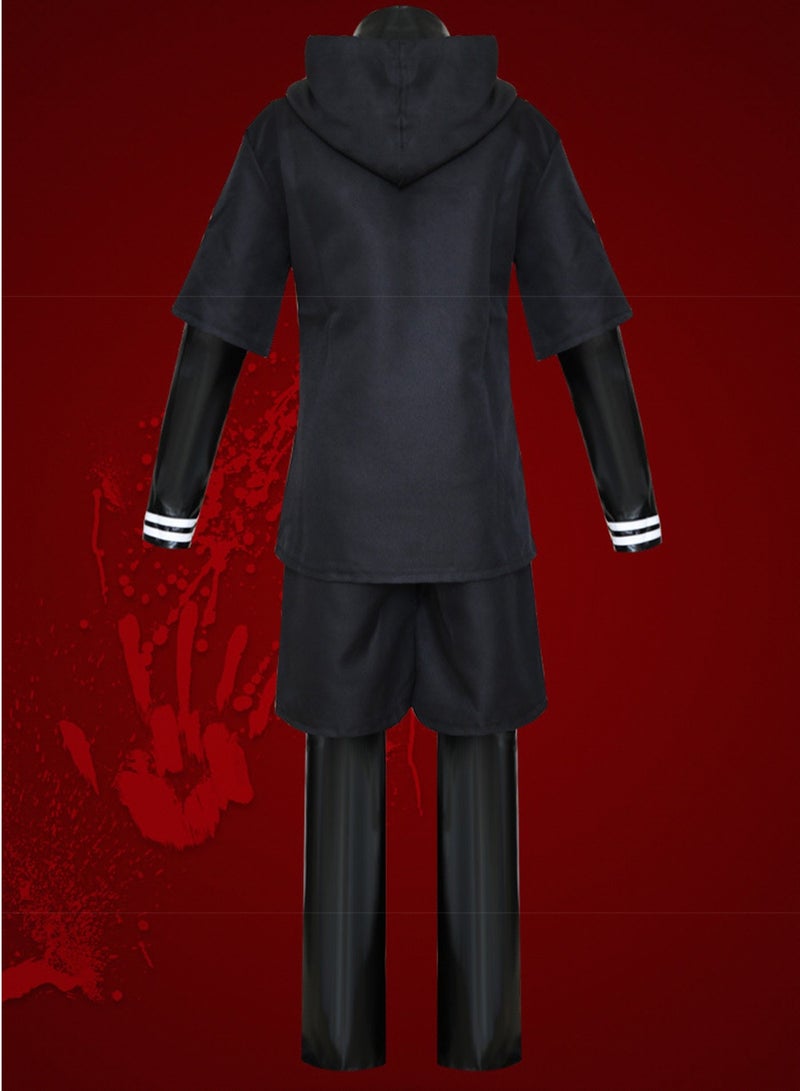4-Piece Ken Kaneki Cosplay Costume Set - Tokyo Ghoul Black Training Suit, Hooded Top, Shorts, PU Leather Arm & Leg Sleeves with White Stripes, Anime Role Play Outfit for Conventions & Dark Streetwear - Image 5