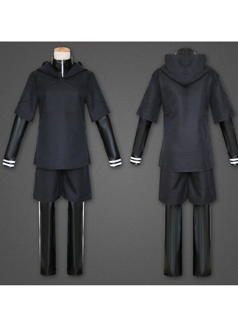 4-Piece Ken Kaneki Cosplay Costume Set - Tokyo Ghoul Black Training Suit, Hooded Top, Shorts, PU Leather Arm & Leg Sleeves with White Stripes, Anime Role Play Outfit for Conventions & Dark Streetwear - Image 2