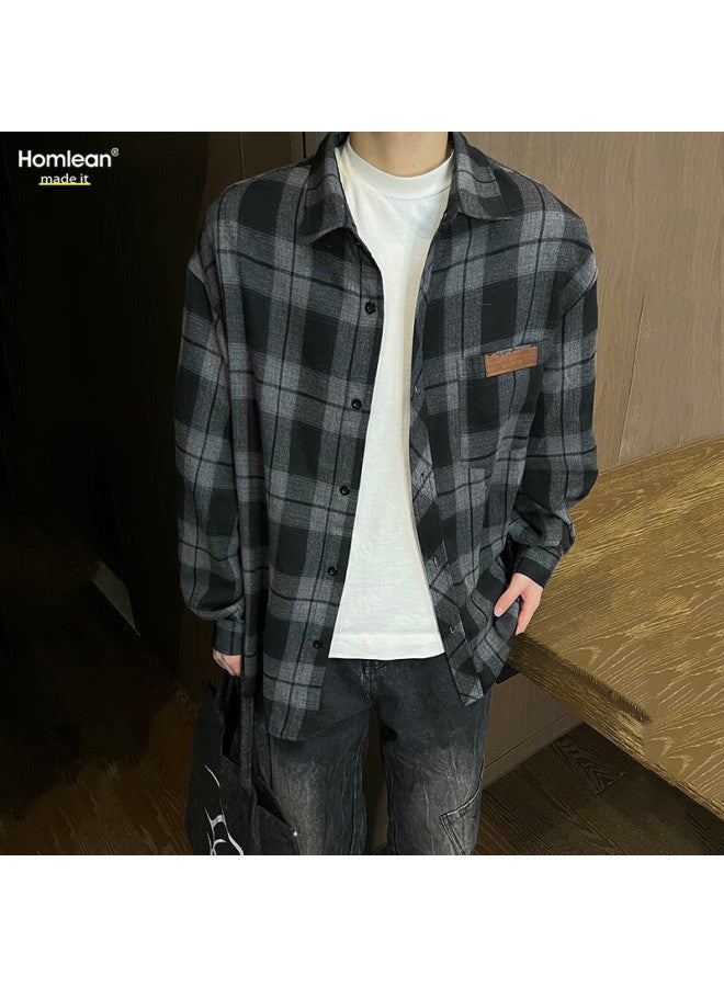 Homlean American Retro قميص رجالي ربيعي ستايل هونغ كونغ فستان كاجوال بأكمام طويلة جاكيت Hl09 Black Plaid XL - Image 1