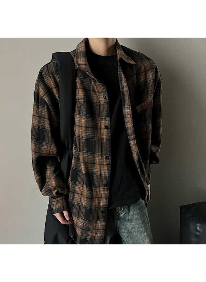 Homlean American Retro قميص رجالي ربيعي ستايل هونغ كونغ فستان كاجوال بأكمام طويلة جاكيت Hl09 Black Plaid XL - Image 4