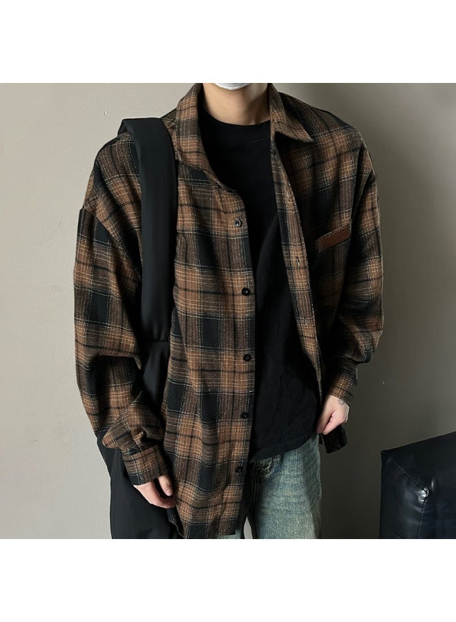 Homlean American Retro قميص رجالي ربيعي ستايل هونغ كونغ فستان كاجوال بأكمام طويلة جاكيت Hl09 Black Plaid XL - Image 2
