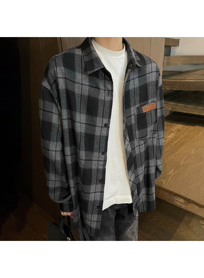 Homlean American Retro قميص رجالي ربيعي ستايل هونغ كونغ فستان كاجوال بأكمام طويلة جاكيت Hl09 Black Plaid XL - Image 3