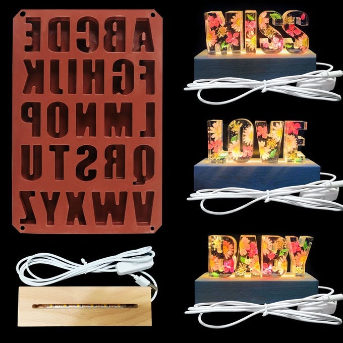 Big Letter Light Resin Molds26 Cavities Alphabet LED Silicone Resina Mould with 1Pcs USB Powered Wooden Lighted Base Stand for DIY Table Crafts Party Wedding Desktop Lamp Home Decor