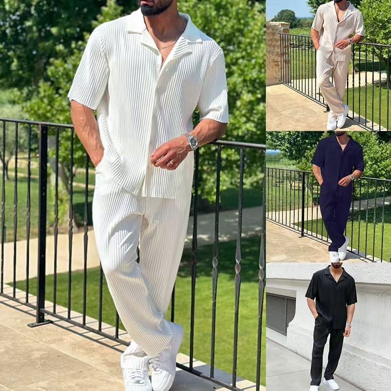 Men's Casual Tracksuit Set - Short Sleeve Shirt and Long Pants - Image 1