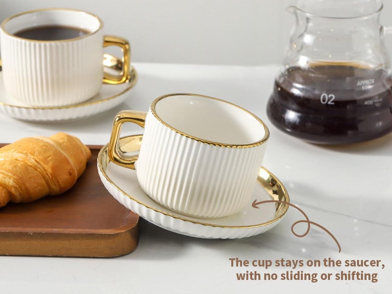 LETAOTAO Cappuccino Cups with Saucers, 8oz Ceramic Coffee Cups with Saucers Set, Latte Art Coffee Mugs with Gold Trim, Tea Cups Set of 4, British/Italian Coffee cups for Cafe Mocha, Double Espresso - Image 4