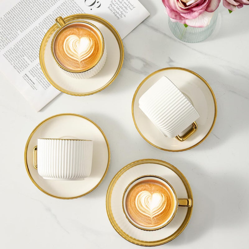 LETAOTAO Cappuccino Cups with Saucers, 8oz Ceramic Coffee Cups with Saucers Set, Latte Art Coffee Mugs with Gold Trim, Tea Cups Set of 4, British/Italian Coffee cups for Cafe Mocha, Double Espresso - Image 5