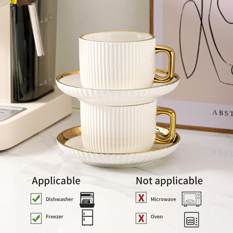 LETAOTAO Cappuccino Cups with Saucers, 8oz Ceramic Coffee Cups with Saucers Set, Latte Art Coffee Mugs with Gold Trim, Tea Cups Set of 4, British/Italian Coffee cups for Cafe Mocha, Double Espresso - Image 3