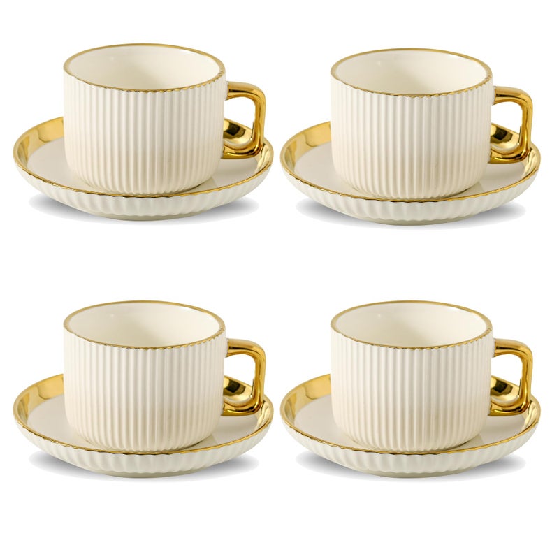 LETAOTAO Cappuccino Cups with Saucers, 8oz Ceramic Coffee Cups with Saucers Set, Latte Art Coffee Mugs with Gold Trim, Tea Cups Set of 4, British/Italian Coffee cups for Cafe Mocha, Double Espresso - Image 1