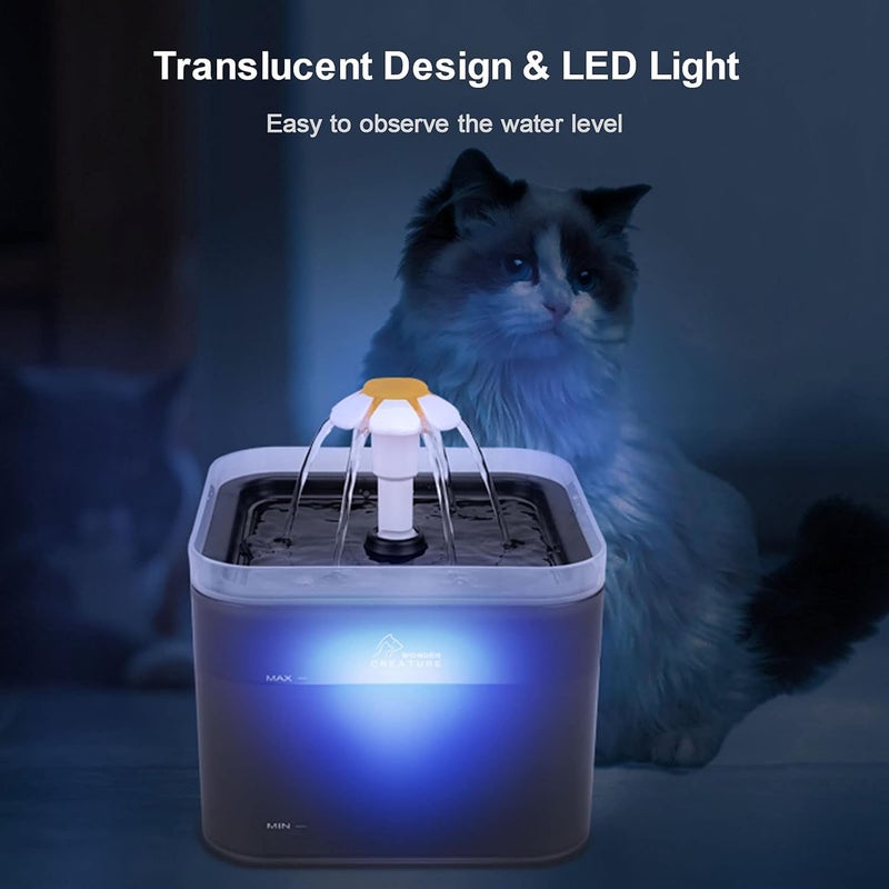 Parner Cat Drinking Fountain, Water Dispenser for Cats with Water Level Window, Cat Flower Art Water Bowl with 4 Pieces, Hygiene Filter, Pet Drinking Fountain with LED Light (Black, 2 litres) - Image 1