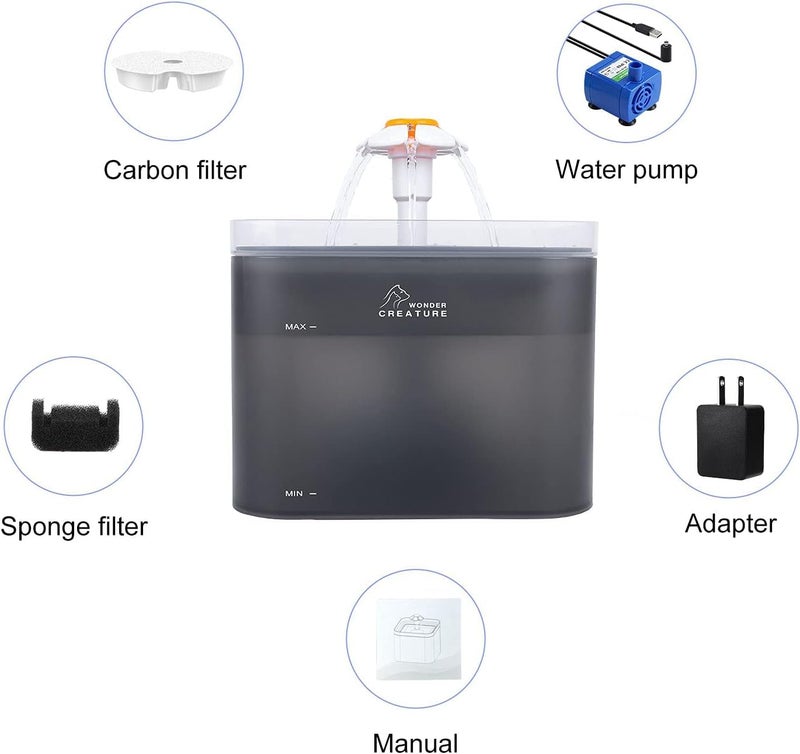 Parner Cat Drinking Fountain, Water Dispenser for Cats with Water Level Window, Cat Flower Art Water Bowl with 4 Pieces, Hygiene Filter, Pet Drinking Fountain with LED Light (Black, 2 litres) - Image 2