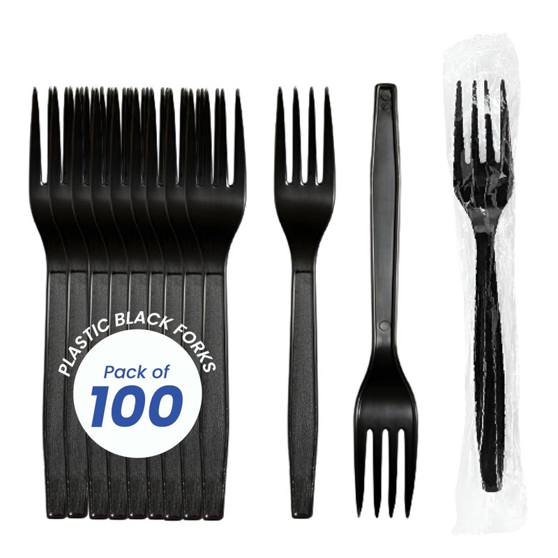 Concession Essentials 7.25"" Heavy Weight Plastic Black Forks- Pack of 100ct - Image 1