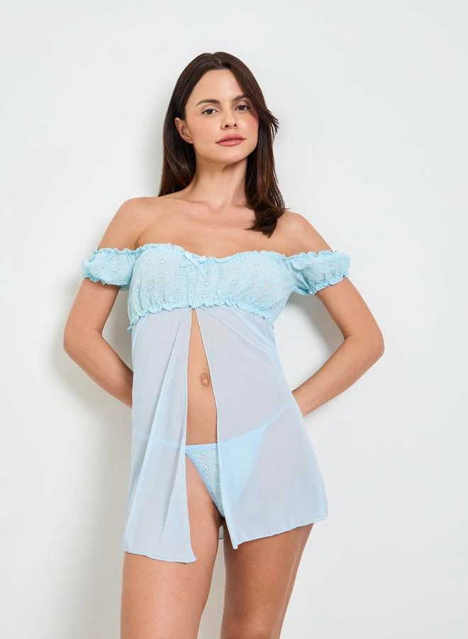 Take Two Light Blue Eyelet Babydoll With Thong