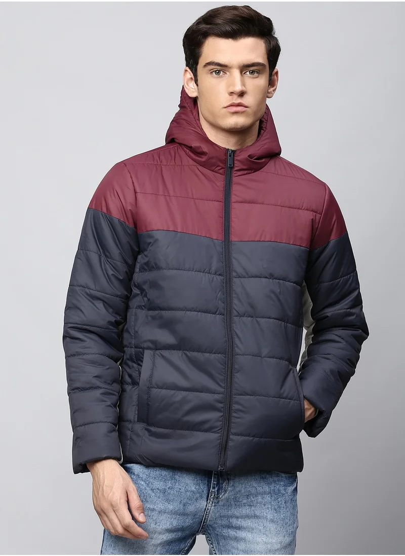 دينيس لينغو Navy Regular Fit Men's Colourblocked Hooded Polyester Jacket with Zipper Closure