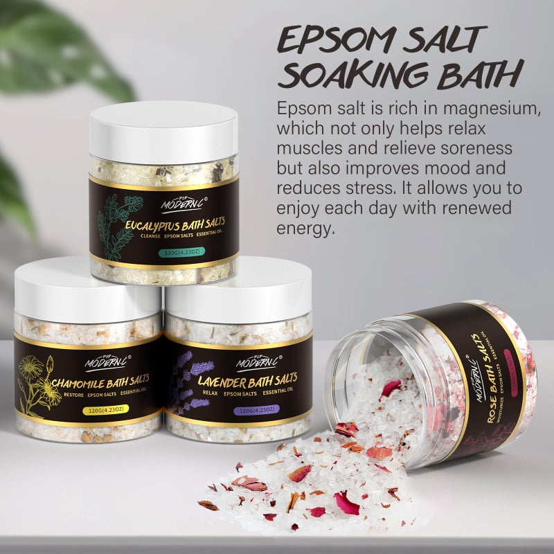 POP MODERN.C Epsom Bath Salts Gift Set for Soaking 4pcs Bath Salts with Essential Oils for Women Relaxing Lavender Eucalyptus Rose Chamomile Bath Set for Women Luxury Spa Birthday Mother's Day Christmas Gift - Image 5