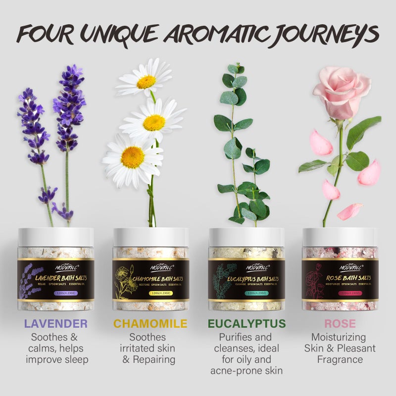 POP MODERN.C Epsom Bath Salts Gift Set for Soaking 4pcs Bath Salts with Essential Oils for Women Relaxing Lavender Eucalyptus Rose Chamomile Bath Set for Women Luxury Spa Birthday Mother's Day Christmas Gift - Image 3