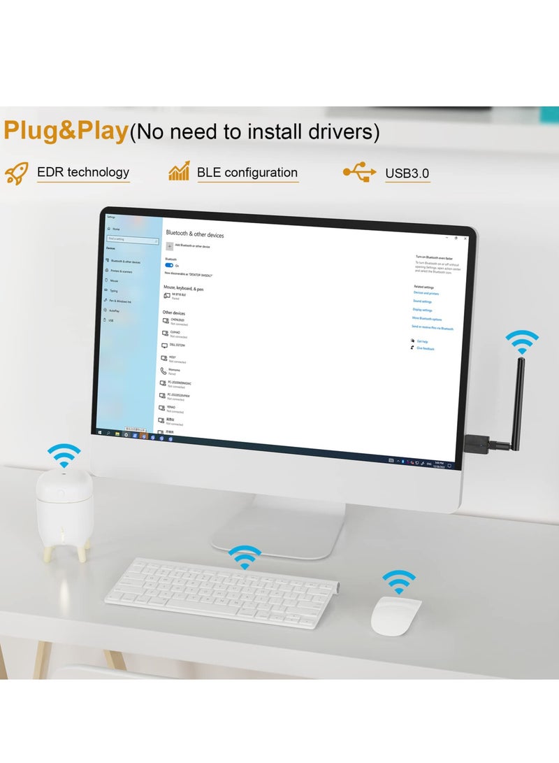 SOLARAE محول USB بلوتوث 5.3 بعيد المدى لجهاز الكمبيوتر المكتبي - نقل لاسلكي لمسافة 328 قدم للفأرة، لوحة المفاتيح، سماعات الرأس - دعم ويندوز 11/10/8.1 - Image 2