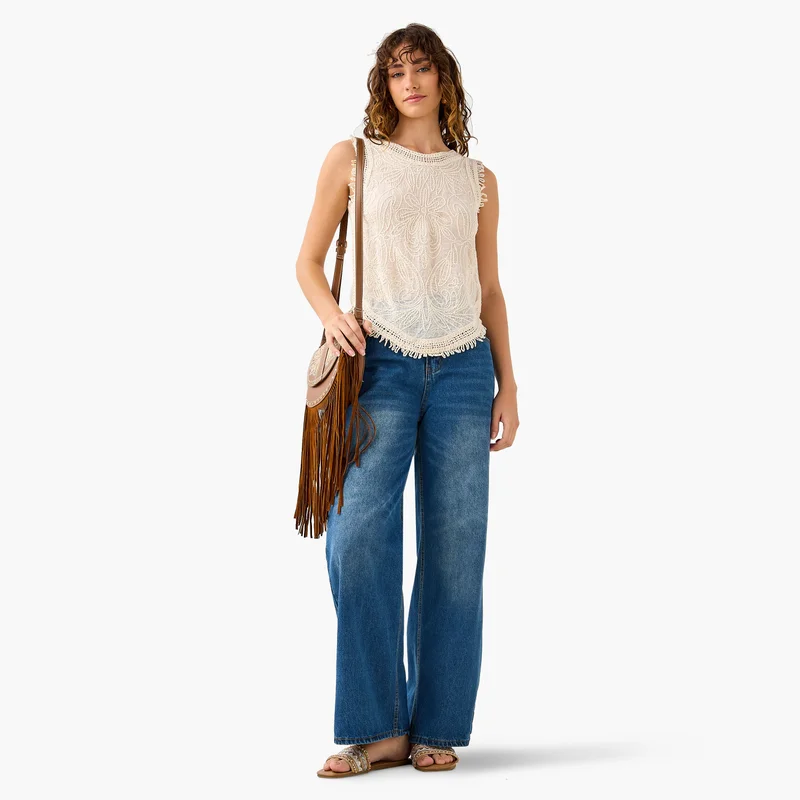 2Xtremz 2Xtremz Embroidered Sleeveless Top with Round Neck
