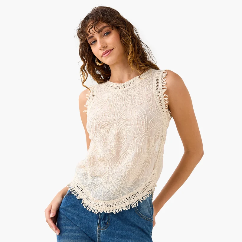 2Xtremz 2Xtremz Embroidered Sleeveless Top with Round Neck