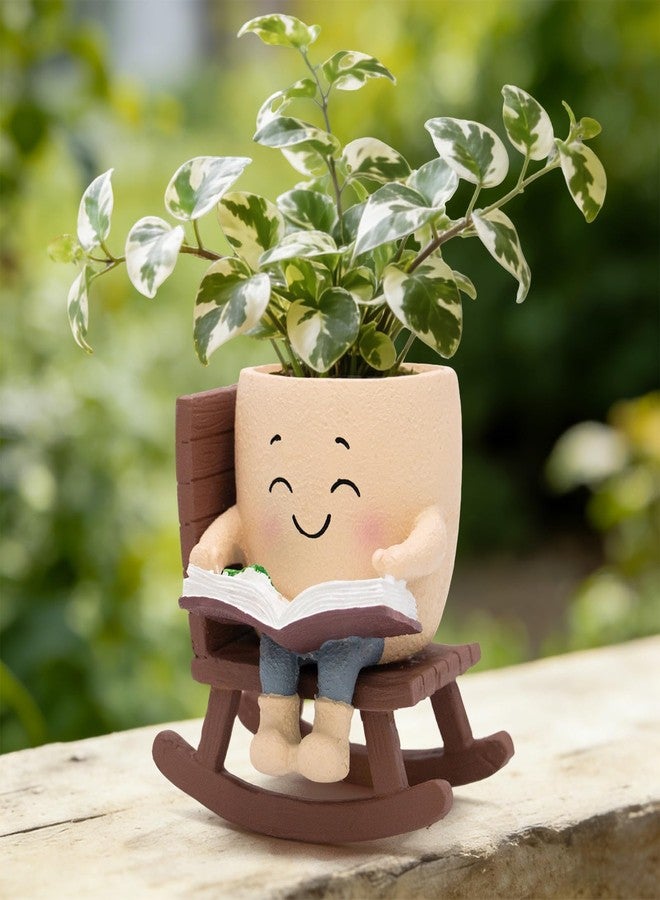 Toparad Smily Face Rocking Chair Reading Book Planter Pots with Drainage Hole, Cute Resin Flower Head Succulent Planters for Indoor Plants, Gift IdeaI for Mother Birthday Christmas - Image 1