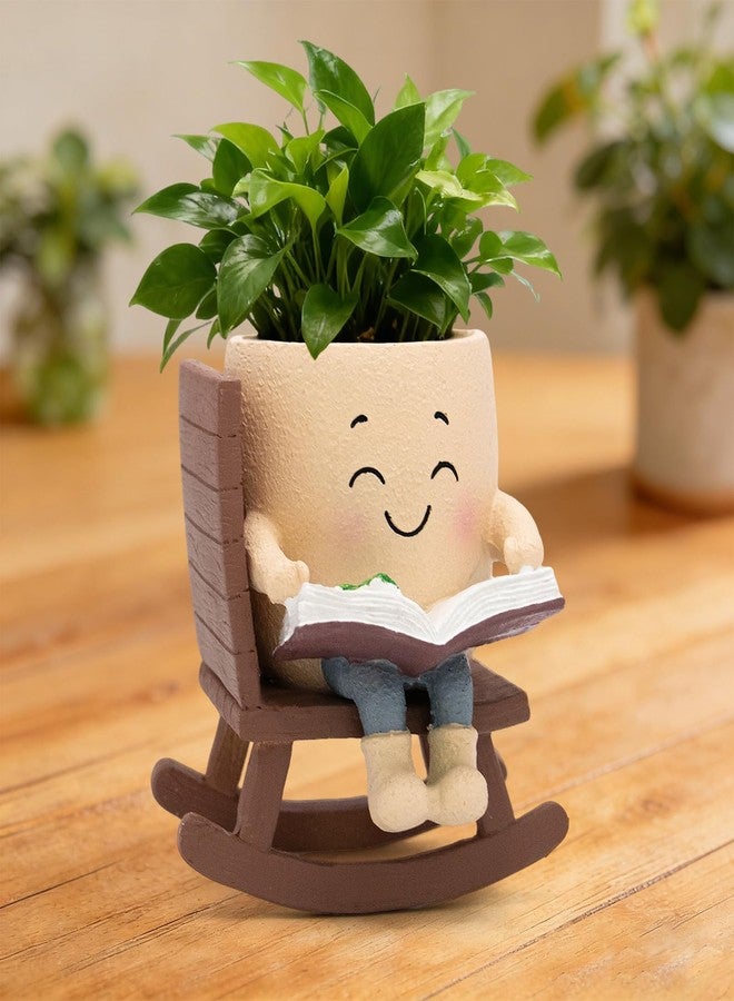 Toparad Smily Face Rocking Chair Reading Book Planter Pots with Drainage Hole, Cute Resin Flower Head Succulent Planters for Indoor Plants, Gift IdeaI for Mother Birthday Christmas - Image 2