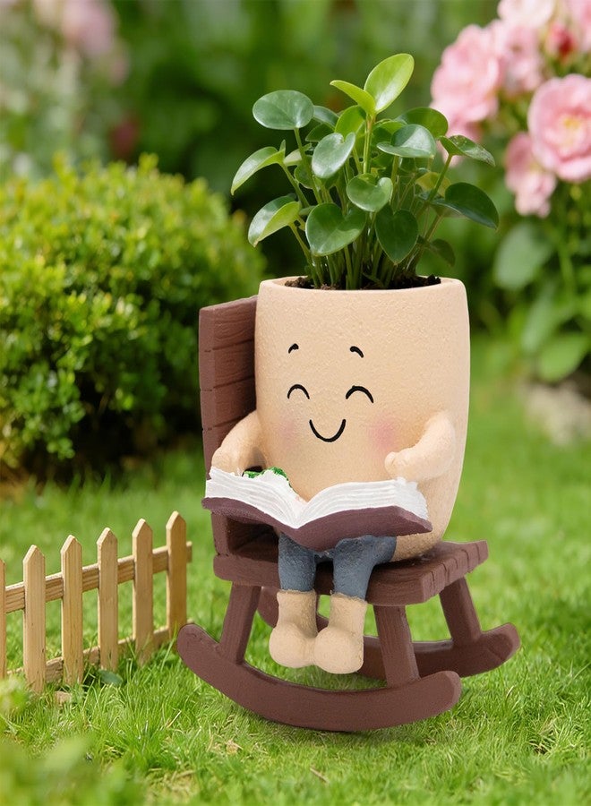 Toparad Smily Face Rocking Chair Reading Book Planter Pots with Drainage Hole, Cute Resin Flower Head Succulent Planters for Indoor Plants, Gift IdeaI for Mother Birthday Christmas - Image 5