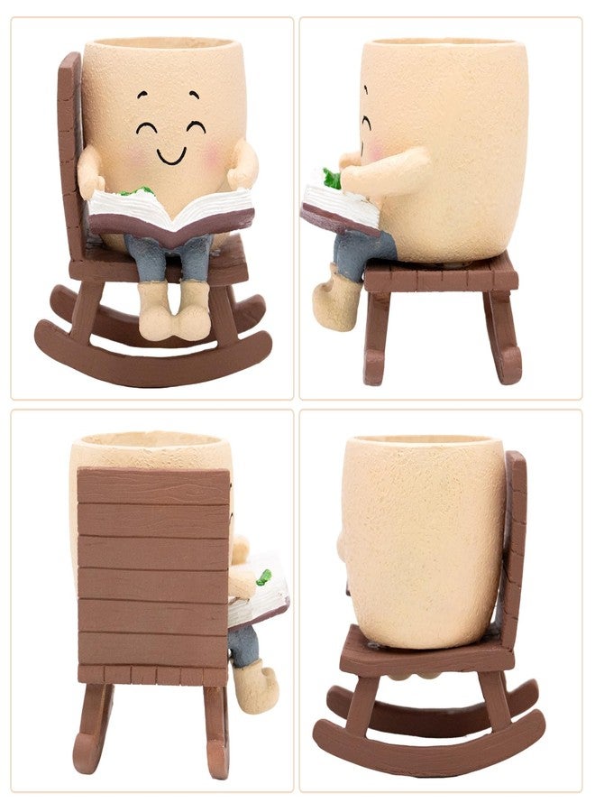 Toparad Smily Face Rocking Chair Reading Book Planter Pots with Drainage Hole, Cute Resin Flower Head Succulent Planters for Indoor Plants, Gift IdeaI for Mother Birthday Christmas - Image 4