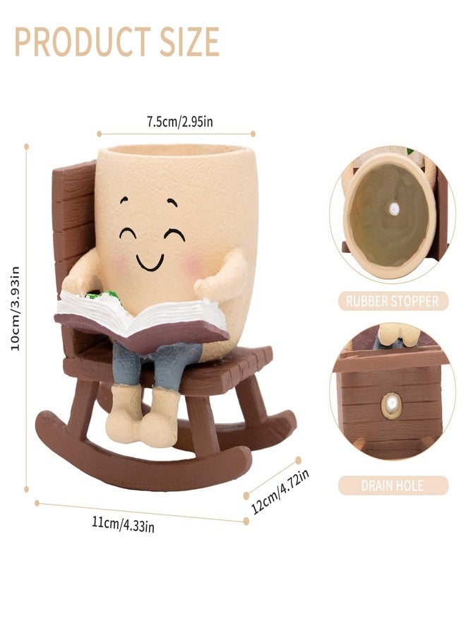 Toparad Smily Face Rocking Chair Reading Book Planter Pots with Drainage Hole, Cute Resin Flower Head Succulent Planters for Indoor Plants, Gift IdeaI for Mother Birthday Christmas - Image 3