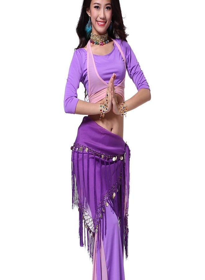ZLTdream Belly Dance Triangle Hip Scarf with Gold Coins Tassel Wrap Dancing Skirt for Women Rave Outfits Purple - Image 2